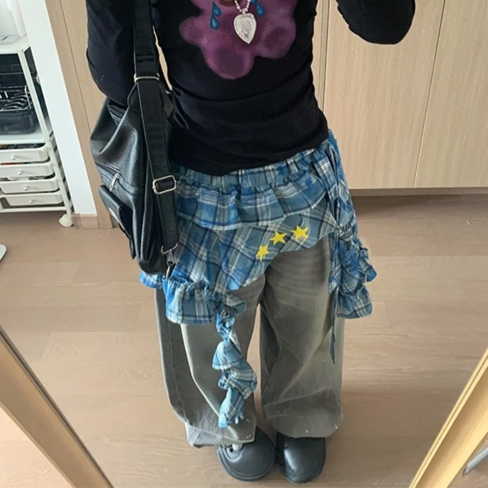 

Fashion Star Layer Outfits Plaid Skirt Hip-hop Sweet Lace Up Hip Scarf Y2K Shirt Extender Ruffled Edge Waistband Jeans Decor