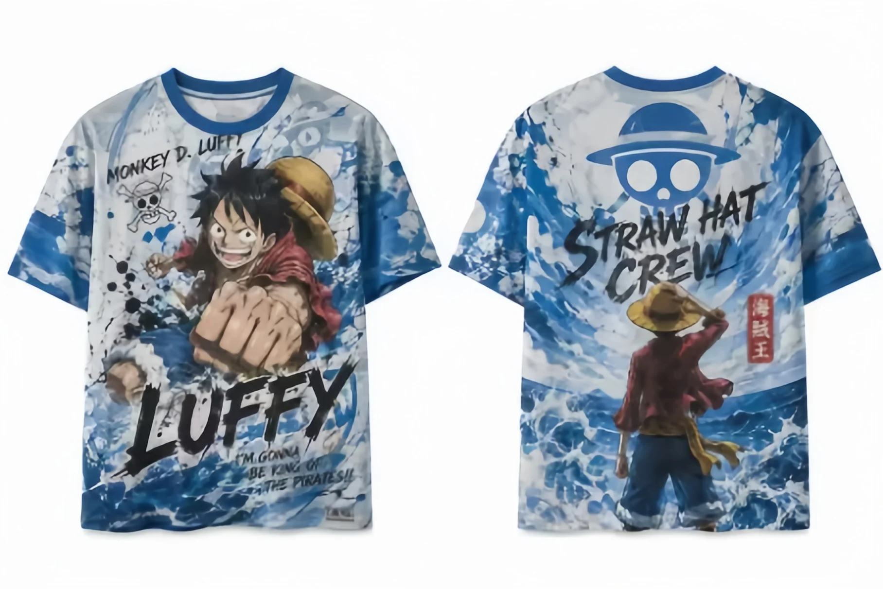 One Piece Munch D. Luffy Blue Ocean Wave Inkjet Printed Straw Hat Team Pirate Skull Anime Mesh Loose Casual T-shirt