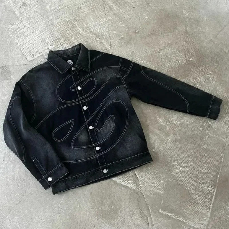 2025 new American retro hip-hop streetwear zipper jacket jeans two-piece set Y2K suit letter patchwork embroidered blue jacket