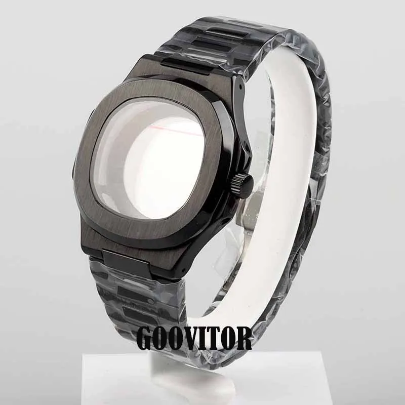 Schwarz pvd 40mm Uhrengehäuse Armband Teile Saphirglas für modifizierte Nautilus nh35 nh36 nh38 Uhrwerk Zifferblatt wasserdicht