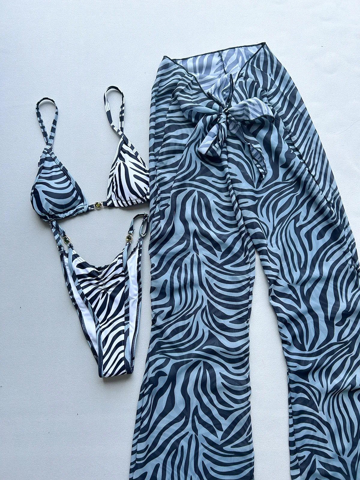 sexy zebra pattern print patchwork bikinis sets 3pcs swimwear with front bow tie long pants bathing suit swimsuits biquini