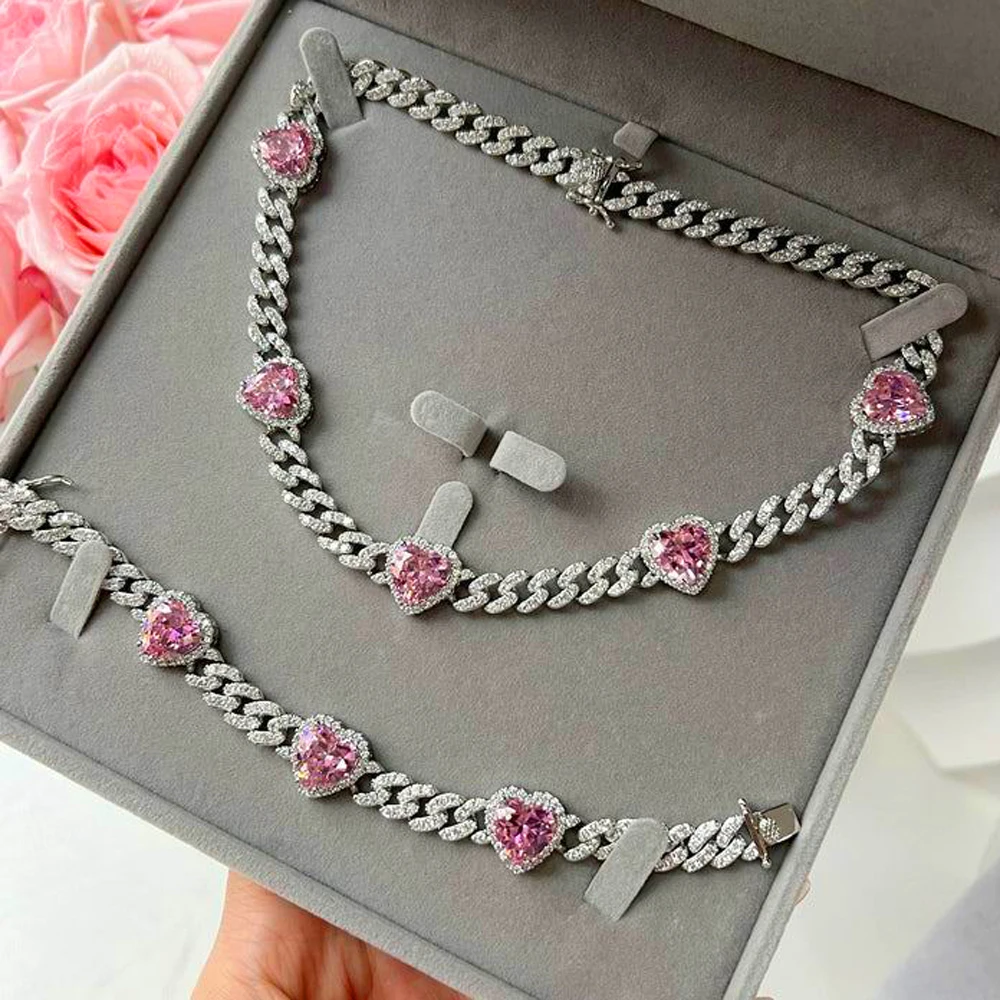 

Iced Out Bling Cz Pink White Heart Cluster Charm Cuban Link Chain Hip Hop Necklace 2025 Valentine's Women Lover Jewelry