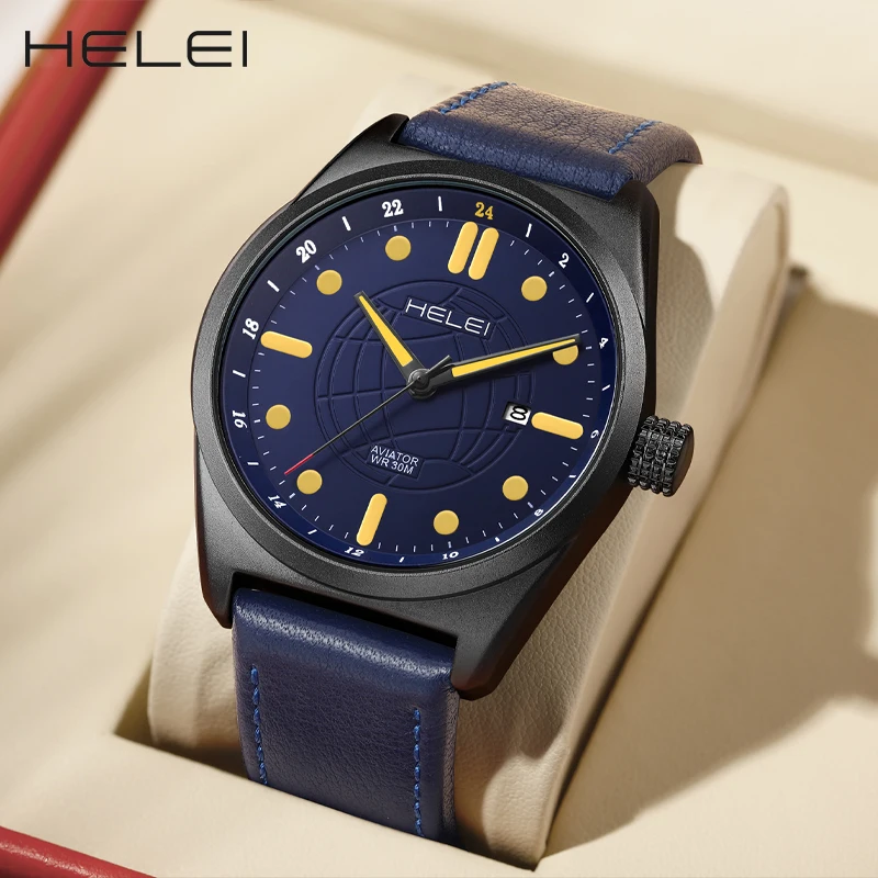 HELEI2024 reloj de cuarzo para hombre, cronógrafo de lujo, de cuero, diseño informal, resistente al agua
