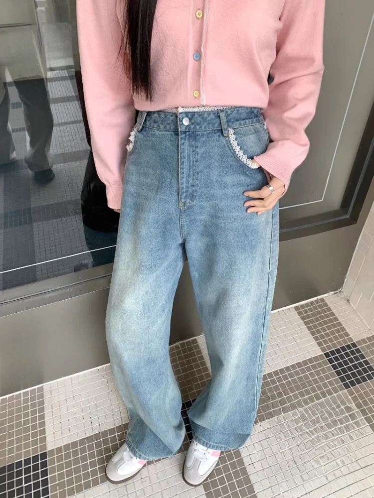 

Джинсовые брюки больших размеров с высокой талией, прямые брюки, корейские джинсы с широкими штанинами, ленивый американский ретро-дизайн