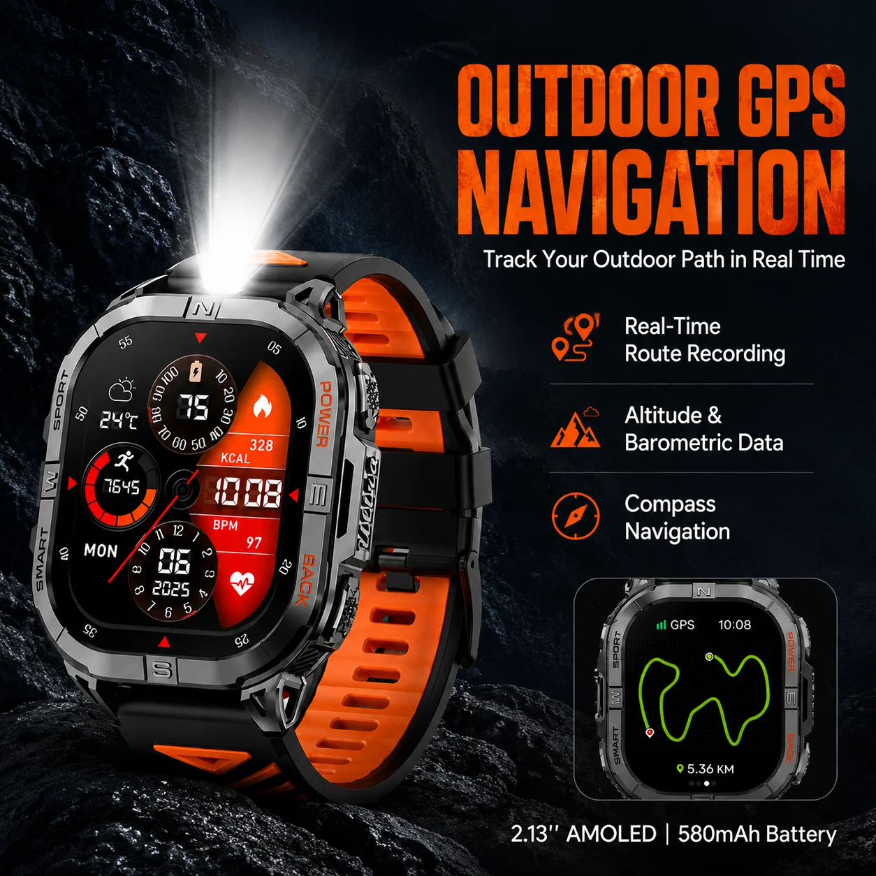 GPS Smartwatch 2.01'' Bluetooth Anruf 128Mb+128Mb Speicher DIY Zifferblatt IP68 Wasserdicht 100+Sportmodi Herzfrequenz Schlafmonitor Sprachassistent