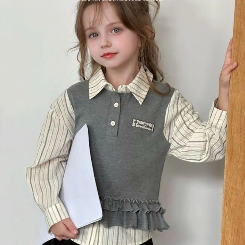 

SeasonSea Girls Fake Two Piece T-Shirt Autumn Long Sleeve Dark Grey Top Kids Polka Dot Ruffle Hem Preppy Style Tee