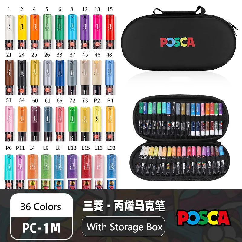 POSCA acrylstiften georganiseerd in tassen, 0,7-2,5 mm schoolkleurpennen, handige originele Japanse professionele kunstverfbenodigdheden