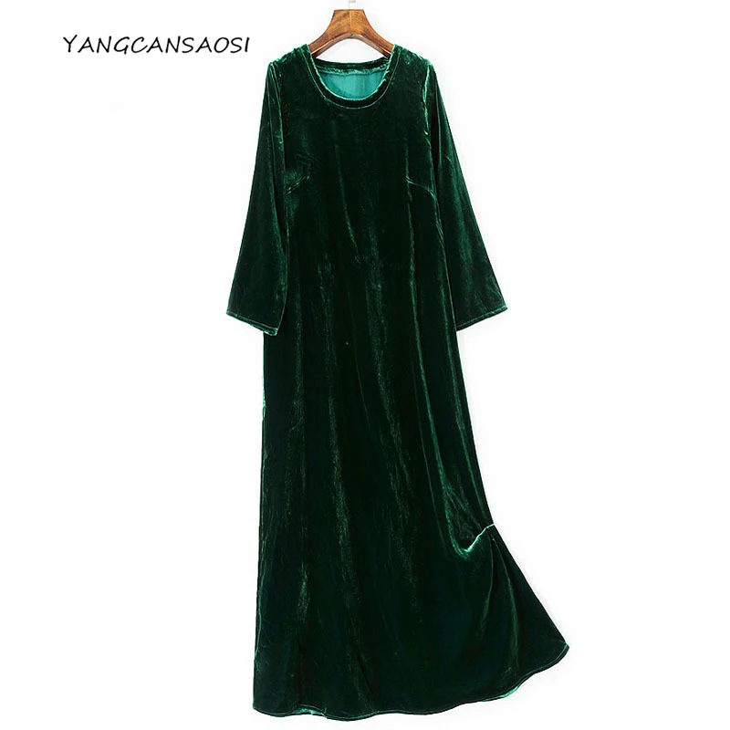 

2025 женское осеннее новое стильное темно-зеленое вечернее прямое платье из 30% натурального шелка тутового шелка с круглым вырезом и рукавами три четверти