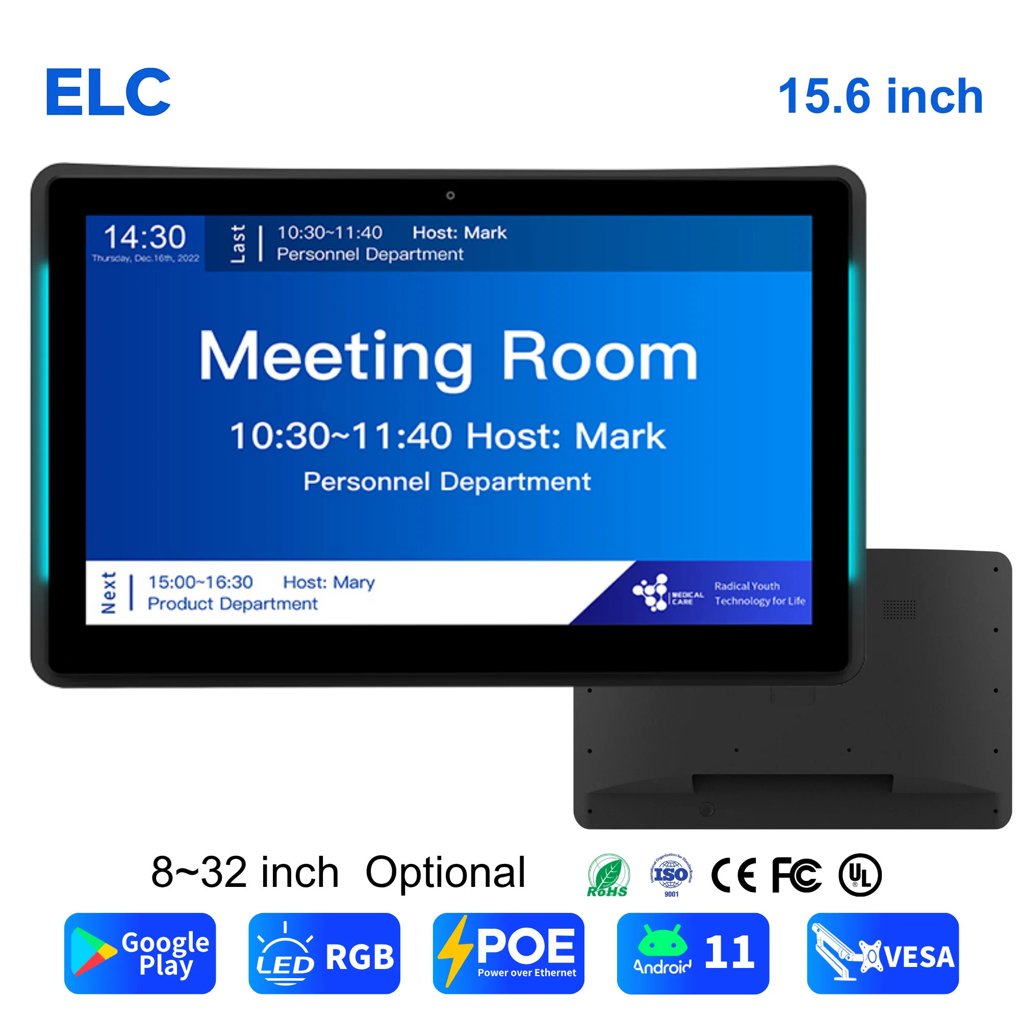 WA1568T 15.6 Inch Rk3568 2+16GB Android 11 NFC RFID WiFi 6 10 Point Touch RGB LED Wall Mount Commercial POE Android Tablet