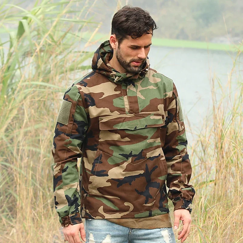 Hooded Combat Windbreaker Mens Quick Drying Wear-resistant Elastic Hunting Pullover Big Pocket Camouflage Tactical Jacket