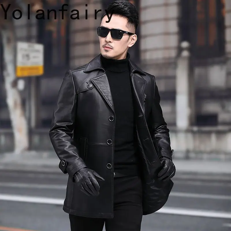 YOLANFAIRY Sheepskin Mens Jacket Genuine Leather Jackets for Men Suit Collar Trench Business Sizes M-5XL Saco Hombre Casual