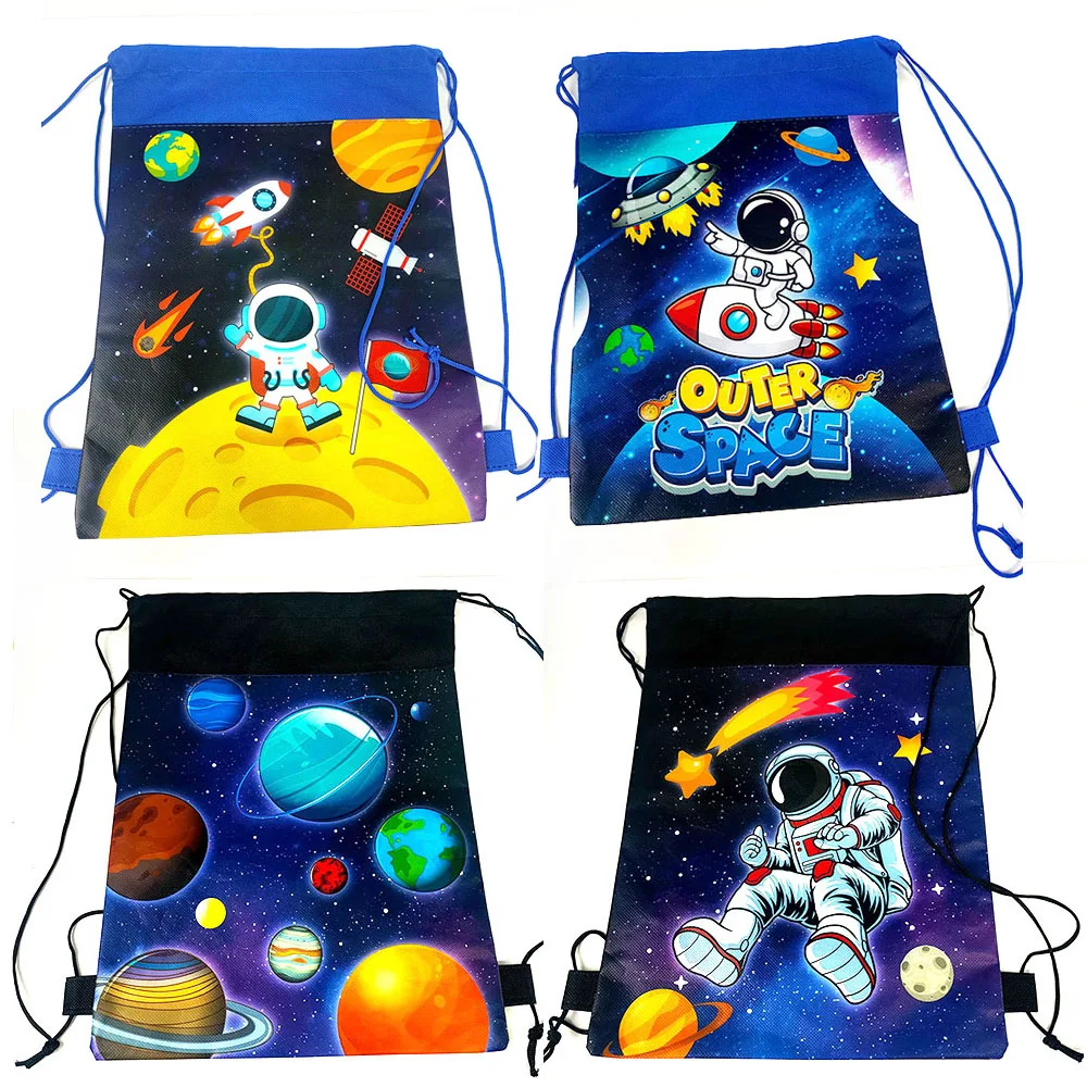 6pcs Out Space Theme Drawstring Bags Astronaut Rocket  String Backpacks Kids Space Birthday Party Favors Gift Goodie Loot Bags