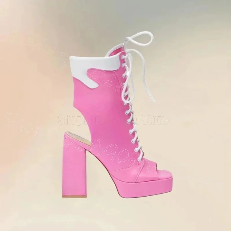 

Pink Cut Heel Open Toe Platform Sandals Boots Cross Tied Women Shoes Chunky High Heels New Party Dating 2025 Zapatos Para Mujere