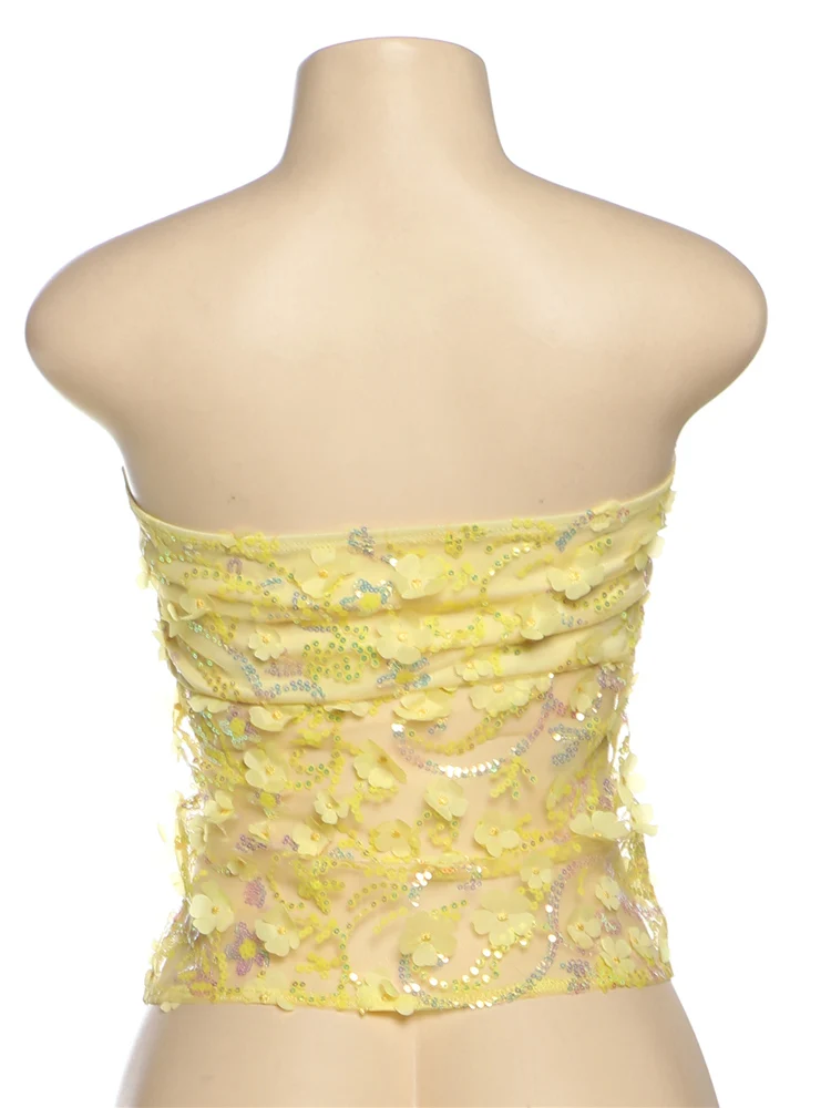 Patchwork Strapless Women Tanks Solid Pleated See Through Cross Sequins Splice Crop Vests Female Sexy Sweat Summer Tops