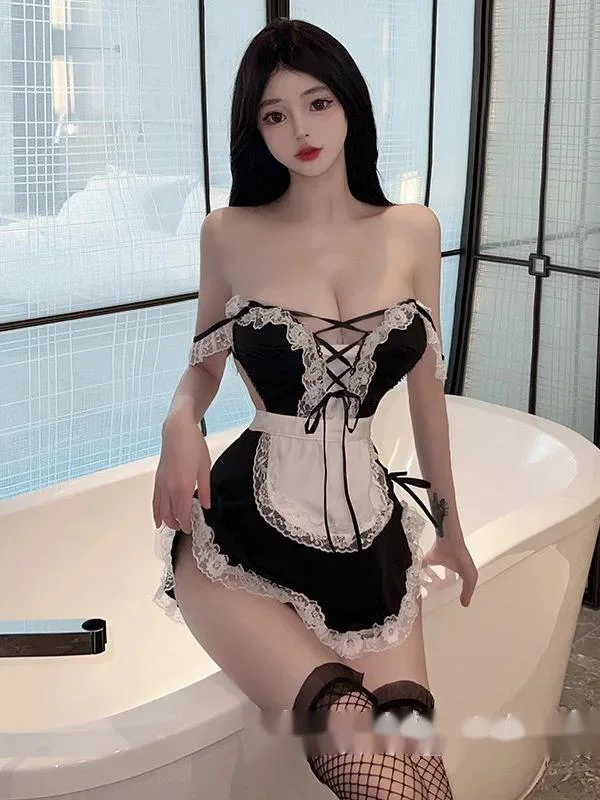 

For Sexy Underwear Women Deep V Lace Maid Mature Charm Hollow Out Gentle Solid New Lace Backless Maid Role Playing Dress W5CT