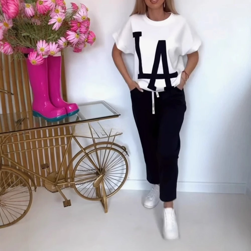 

25 Summer cross-border e-commerce explosion casual cotton suit alphabet short-sleeved tether trousers twill sweater