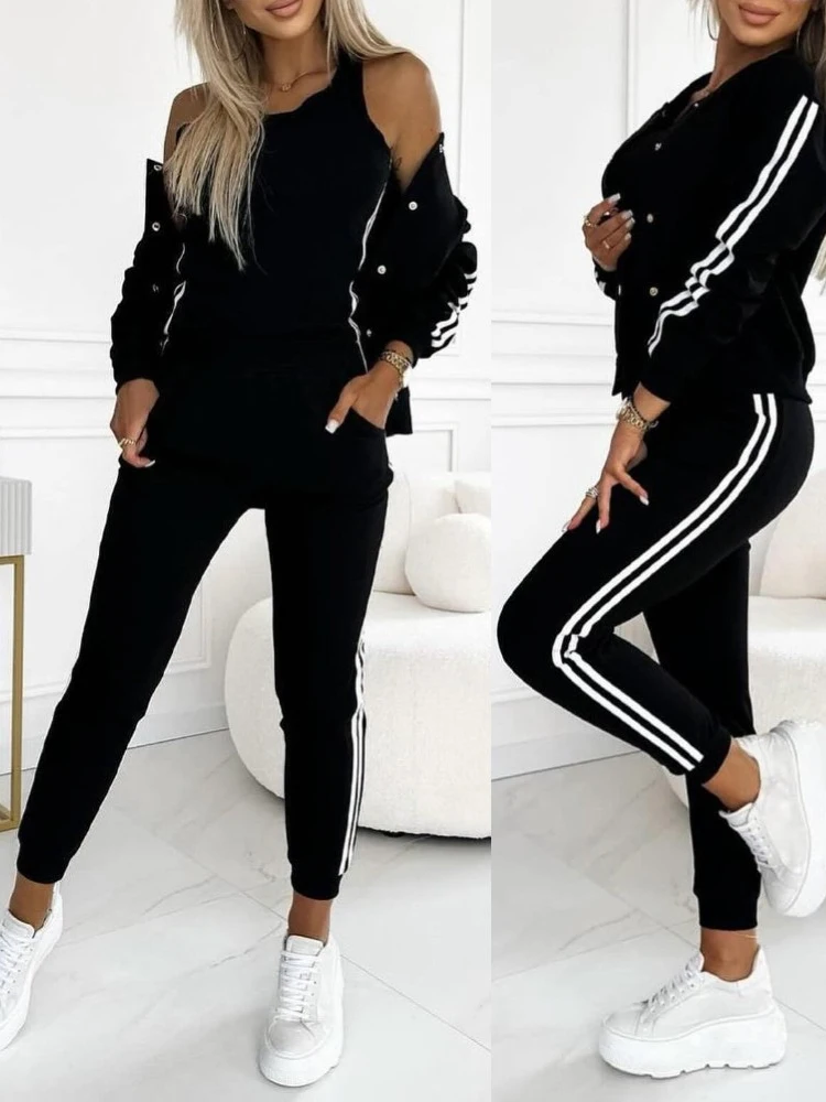 Women's Casual Three-Piece Pants Set Autumn Striped Tape Patch Tank Top Cuffed Pants Buttoned Jacket Sportswear Women Tracksuits