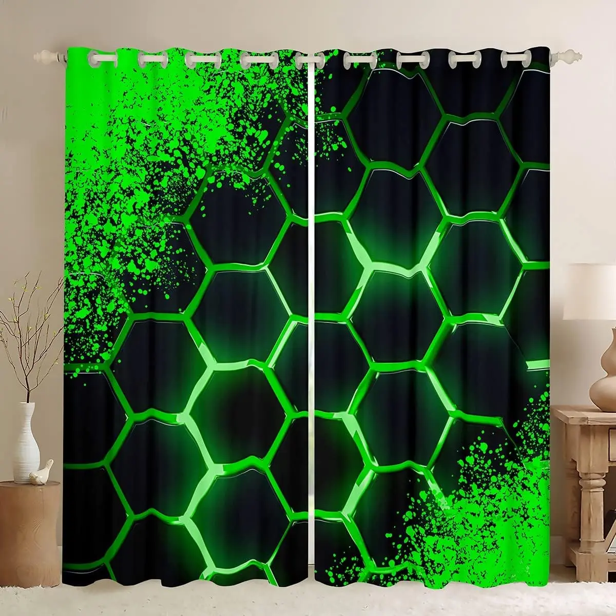 

2 panel Glowing Honeycomb Hexagon Geometric Printed Curtains Bedroom Game Room Living Room Kitchen Windows Grommet Top cortinas