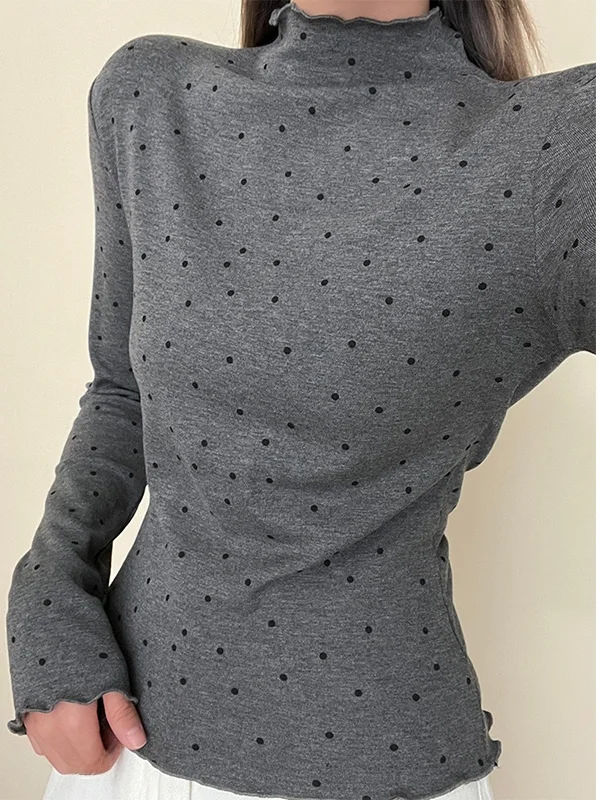 Slim Fit High Neck Long Sleeve Base Shirt Women's Autumn Winter Fashion Design Thermal Top Half High Collar Polka Dot Print