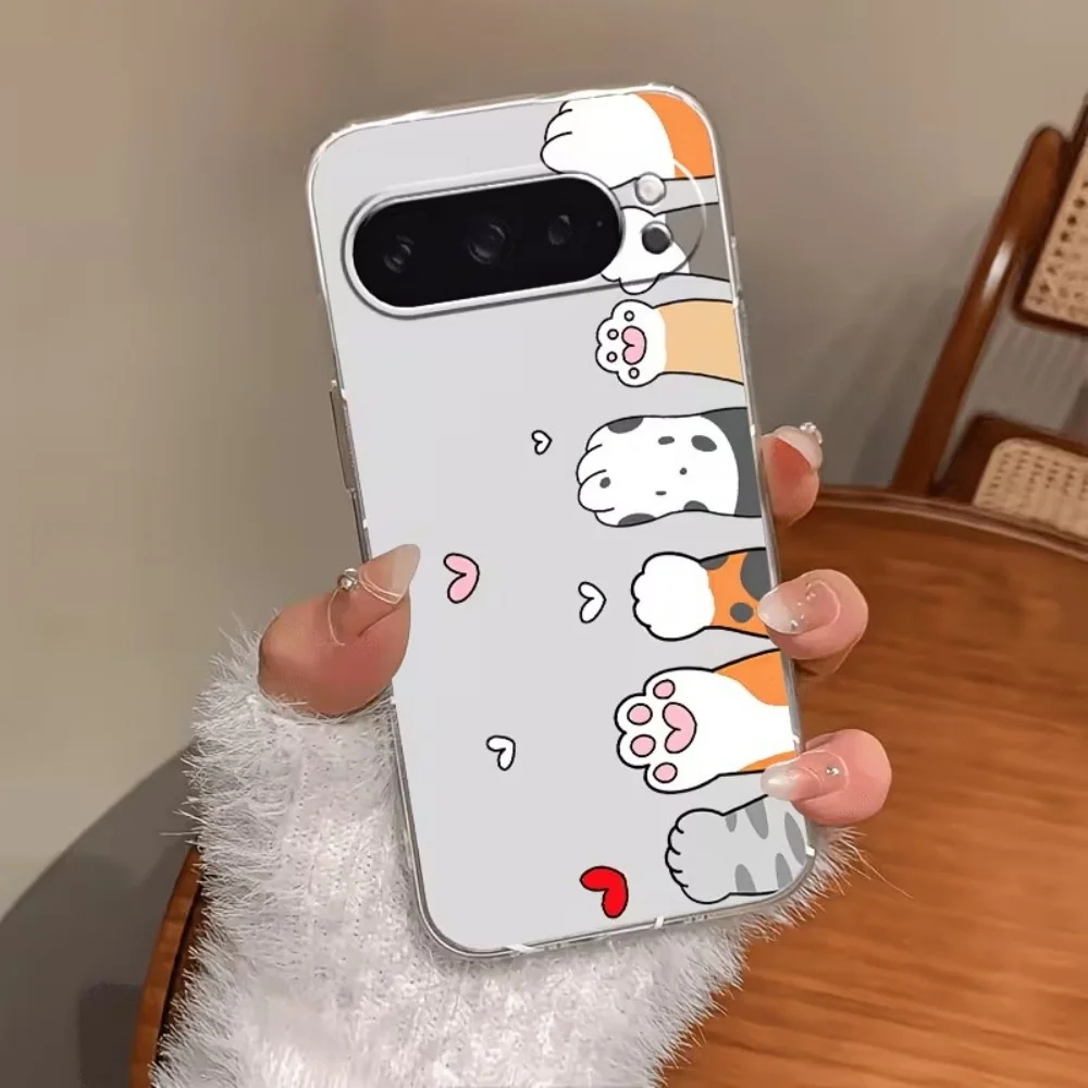 Cartoon Cat Paw Print Crystal Clear Silicone Phone Case For Google Pixel 10 9 8 7 6 Pro XL 9a 8a 7a 6a Shock-Absorbing Cover