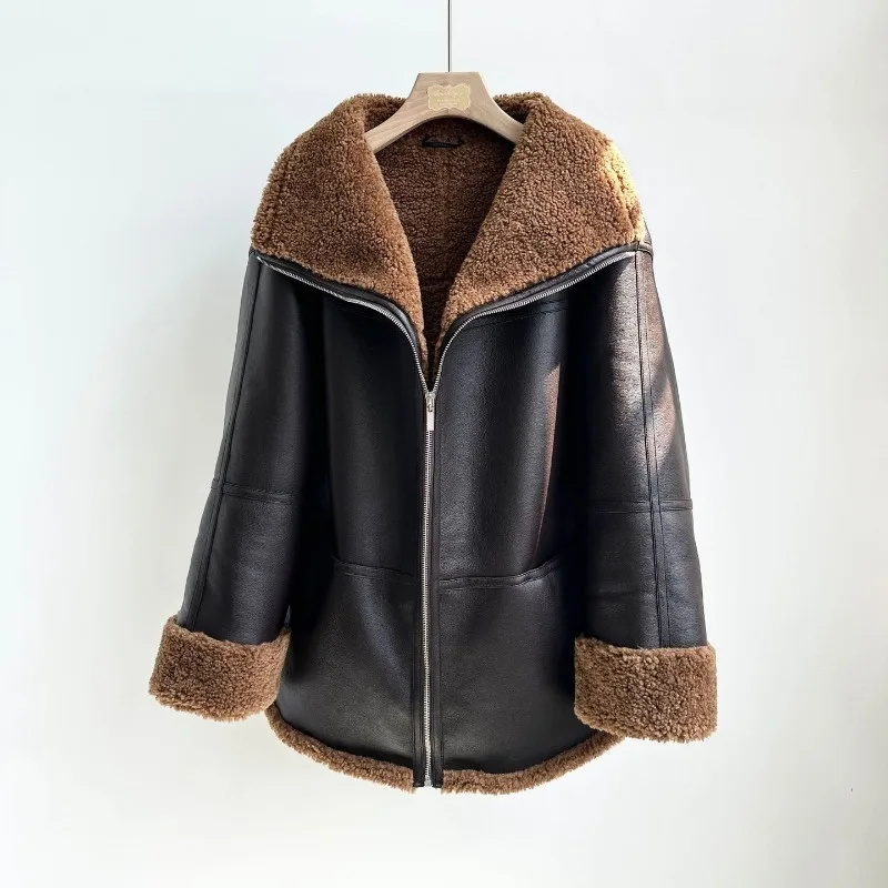 Nordic Niche New Chocolate Color Shawl Lapel Loose Silhouette Faux Fur One-piece Coat for Women