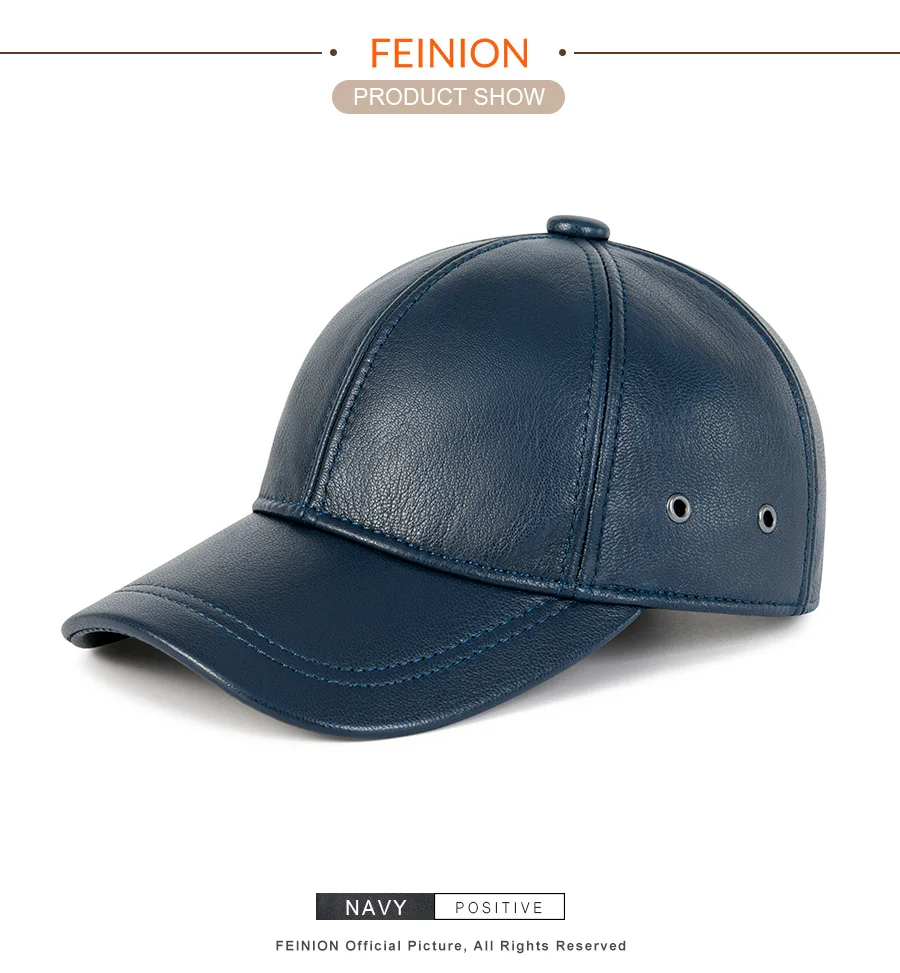 FEINION Unisex-Baseballkappe aus echtem Leder, 100 % Leder, für den Winter, strukturiert, flach, verstellbarer Rückengurt – Detail 5