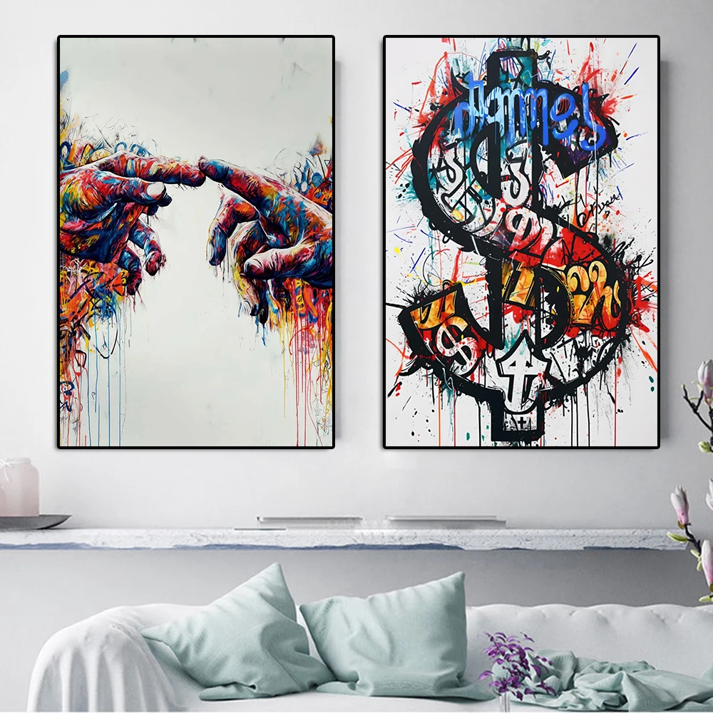 Abstract Graffiti Dollar Sign Canvas Painting Peace Hand Inspired Colorful Poster And Print Modern Pop Wall Art Room Home Decor