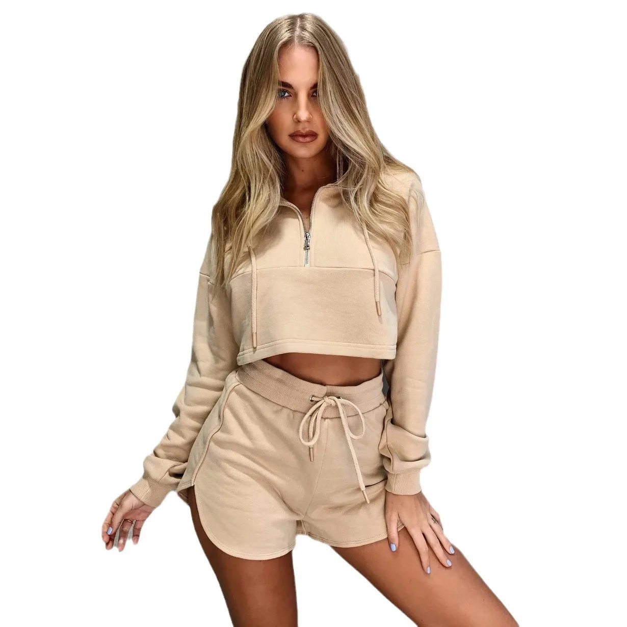 Women's Fashion Sports Two-piece Set Solid Color Zipper V-neck Long Sleeved Crop Hoodie Waist Lace-up Shorts Two-piece Set Women