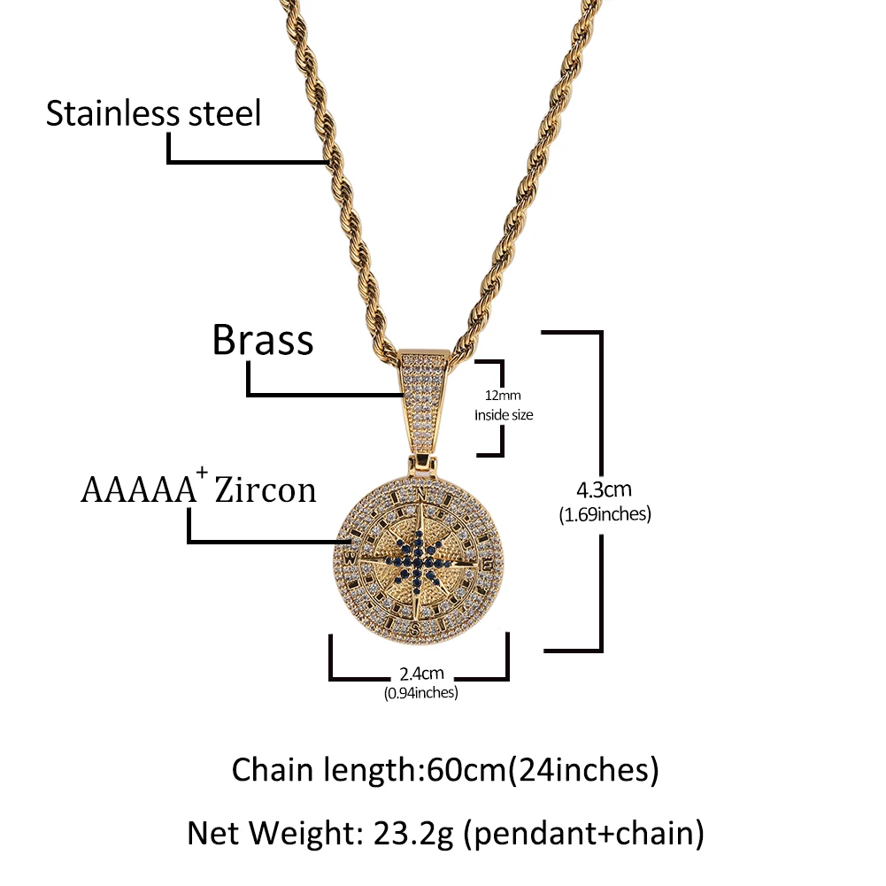 THE BLING KING White Gold Color Compass Pendant Necklace For Women Men Iced Blue CZ 2.4cm Round Anniversary Gift Hip Hop Jewelry