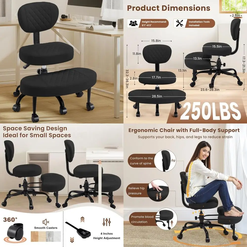 كرسي مكتب مريح للركوع قابل للتعديل مع دعم متقاطع واسع ومسند ظهر للاستخدام في المكتب المنزلي