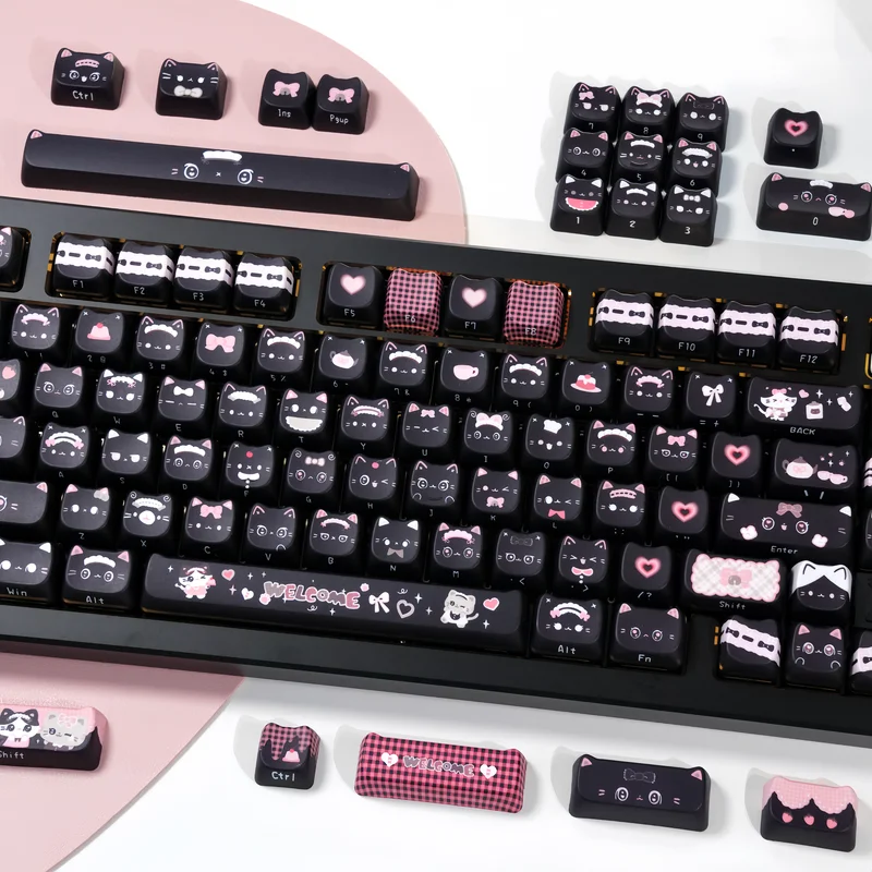 Cat Mechanical Keyboard Keycaps Mao High Black Pink Cat Maid Cross Keycaps Pbt Thermal Sublimation Festival Gift