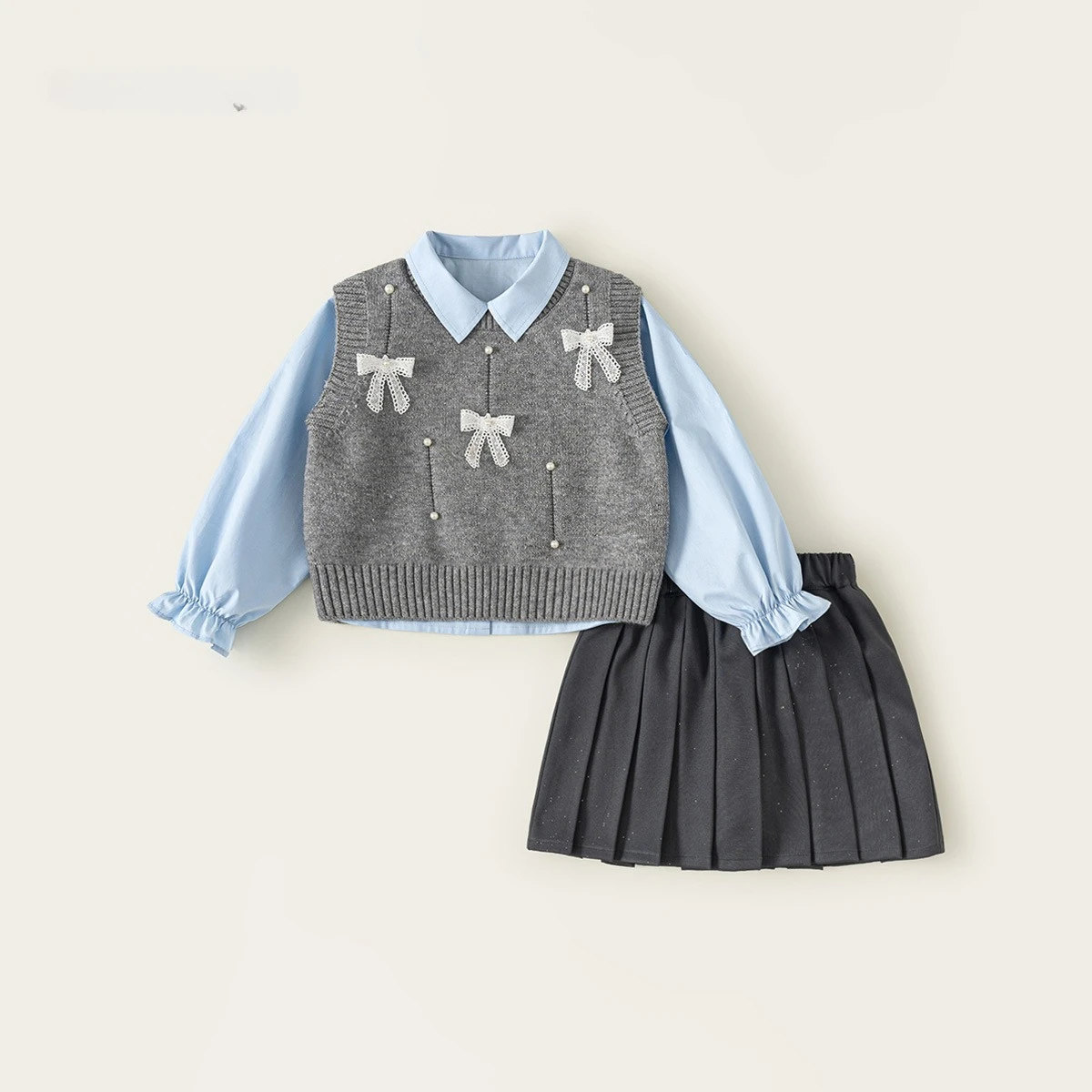 Suit New Girls' Long Sleeved Shirt Bow Tie Vest Pleated Skirt Three-piece Set Preppy Style Trendy Fashion