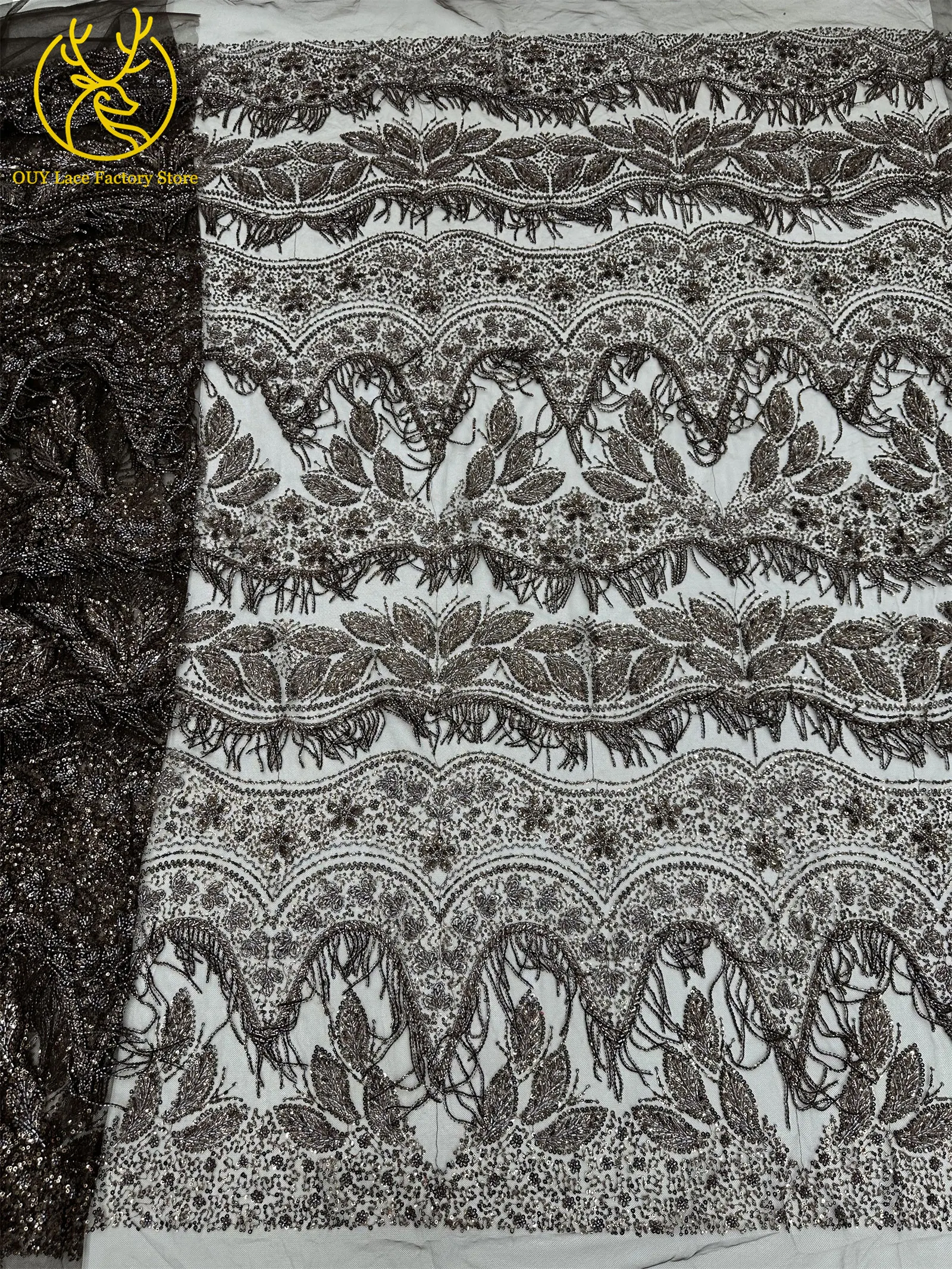 Goldener 3D-Hängeperlen-Spitzenstoff, hochwertiger afrikanischer Spitzenstoff, luxuriöser französischer Tüll mit Pailletten für Hochzeits- und Partykleider – Detail 27