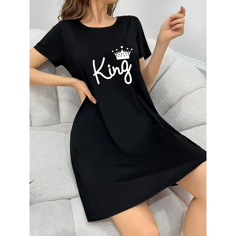 

Ladies Elegant Short Sleeve Crew Neck T-Shirt Dress - Black with White Letter Print and Crown Design Summer Dress
