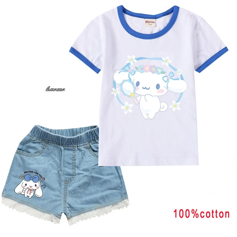 Cartoon T-Shirt + Jeans Shorts Hot Cinnamoroll Boy And Girls Casual Sports T-shirts And Shorts Suit Anime 2-Piece Kid's Clothing