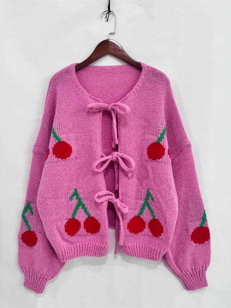 Cherry Embroidered Jacquard Cardigan Sweater Women Autumn Winter 2024 Fashion Strap Knitted Sweaters Coat Long Sleeve Knitwear