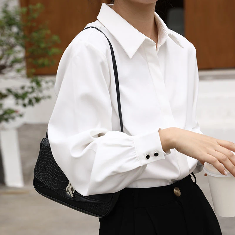 Women White Elegant Chiffon Shirts Fashion Slim Single Breasted Turn Down Collar Fall Solid Casual Office Lady Long Sleeve Top