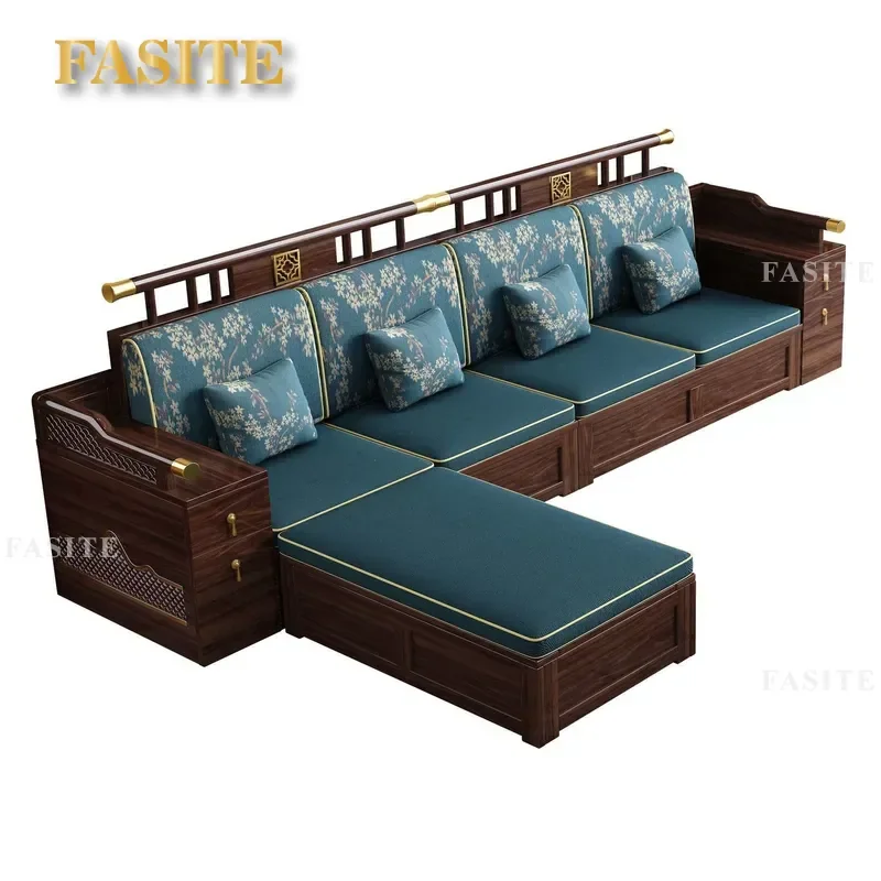 For New Chinese Style Ebony Solid Wood Sofa Set Compact Size Apartment Living Room Winter Summer Dual Use High Box Storage