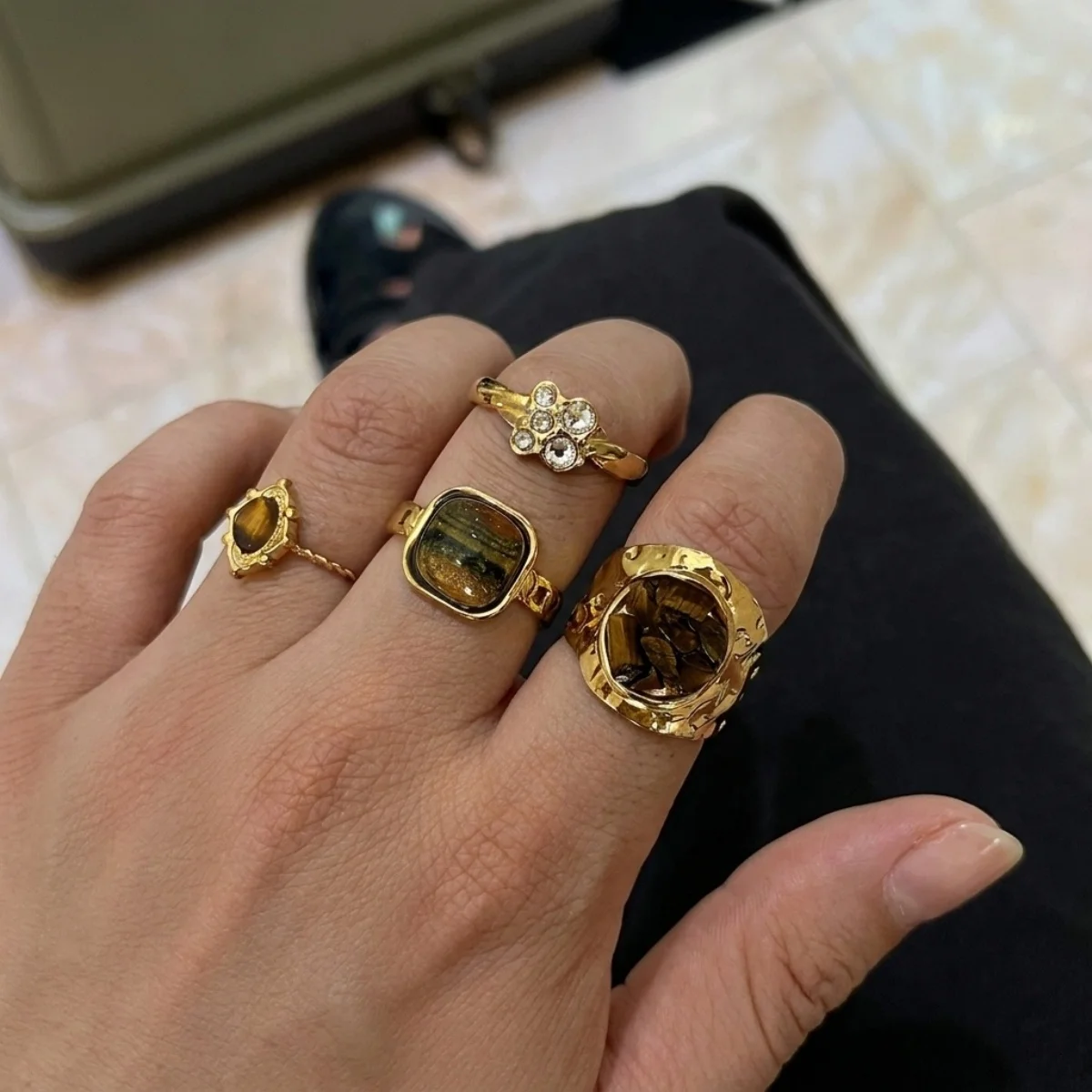 Stainless Steel Natural Tiger Eye Stone Waterdrop Hammered Wide Rings For Women Men French Vintage Geometric Flower Ring Jewelry