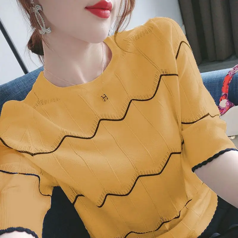 Fashion O-Neck Knitted Spliced Loose Striped Blouse Women\'s Clothing 2023 Spring New Casual Pullovers Short Sleeve Korean Shirt