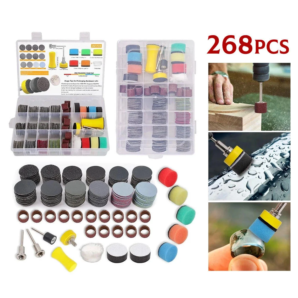 

Набор из 268 шлифовальных дисков диаметром 1 дюйм для ухода за автомобильной краской, полировочный комплект с опорной подушкой с хвостовиком 1/8 дюйма и шлифовальными лентами