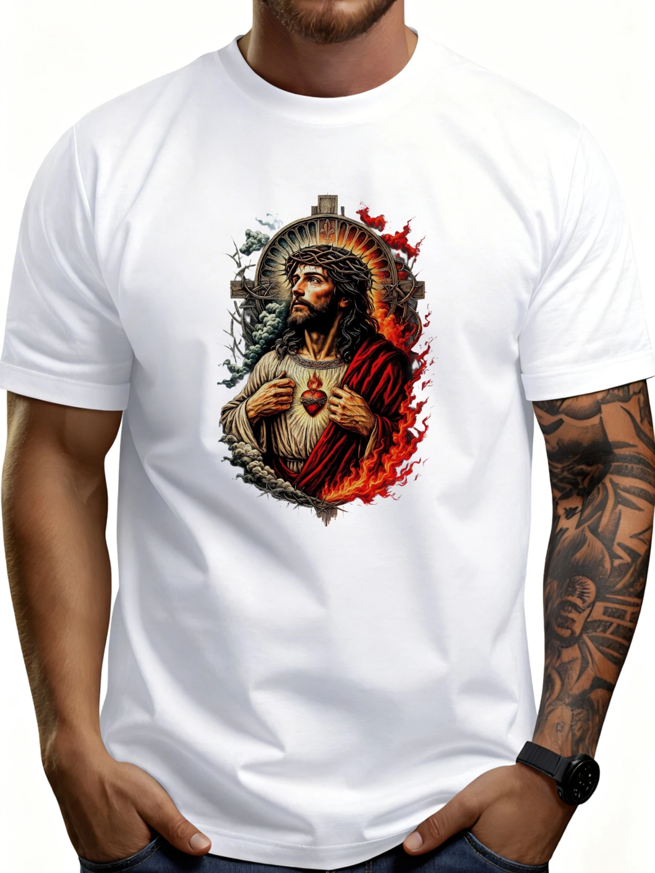Religious Art Men's T-Shirt with Jesus Christ Sacred Heart Design, Summer Casual Wear, Suitable for Devout Christians and Religious Gift Ideas