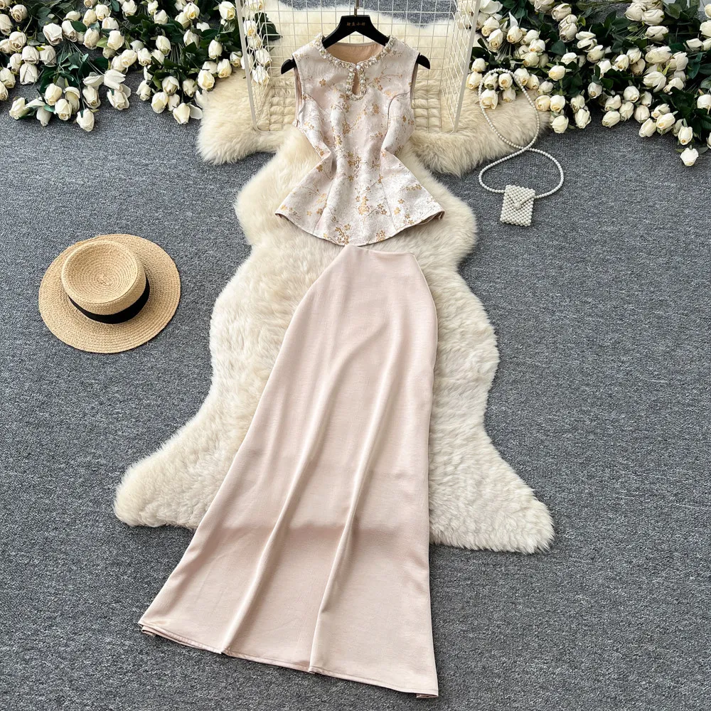 

Two Piece Sets Women Skirt Set Floral Sleeveless Vest Tops Long Skirts A Line High Waist Y2k Streetwear Elegant Work Slim Fit
