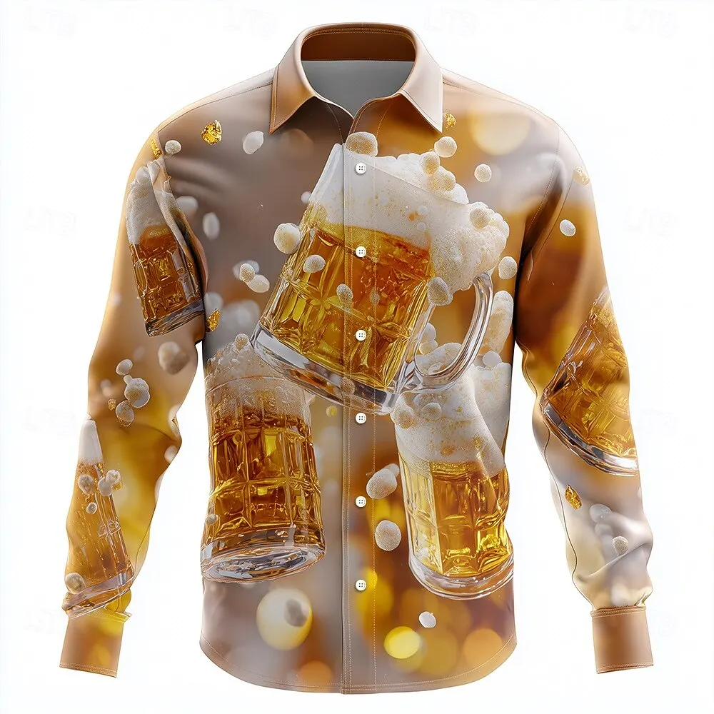 

Новогодняя мужская рубашка с оптической иллюзией и пивом, рубашка на пуговицах с длинным рукавом, модная повседневная уличная одежда для вечеринок, рубашки с воротником с 3D принтом
