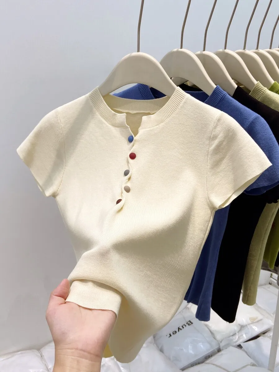 2026 Summer Slim Short Sleeve Women T-Shirt Dopamine Colorful Buttons Tee Trendy Figure Flattering Klein Blue Knit Tops
