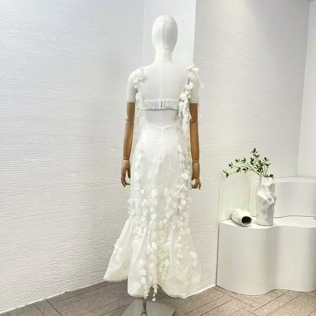 Appliques 2024 New Collection Solid White Frill Ruffle Elegant Self Tie At The Shoulder Mermaid Midi Dresses for Women