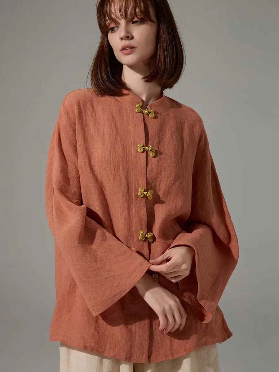 

New Chinese Sle Women's irt Stand Collar Hanfu Linen Sun Protection Spring Summer Air Conditioning Top with Button Design