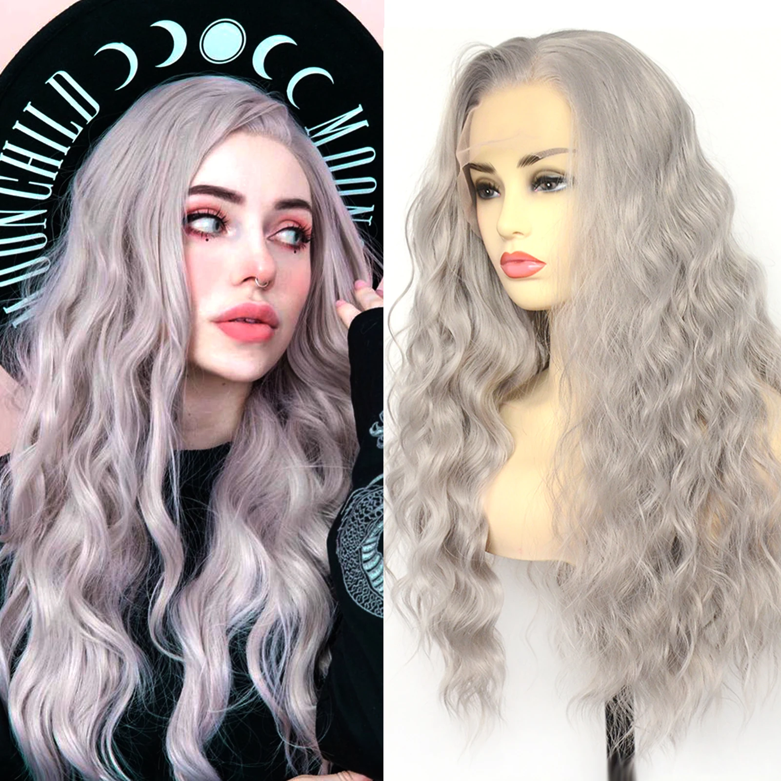 Voguebeauty Grey Lace Front Wig Long Curly Synthetic Hair Replacement wigs Cosplay for Women Dail Wear