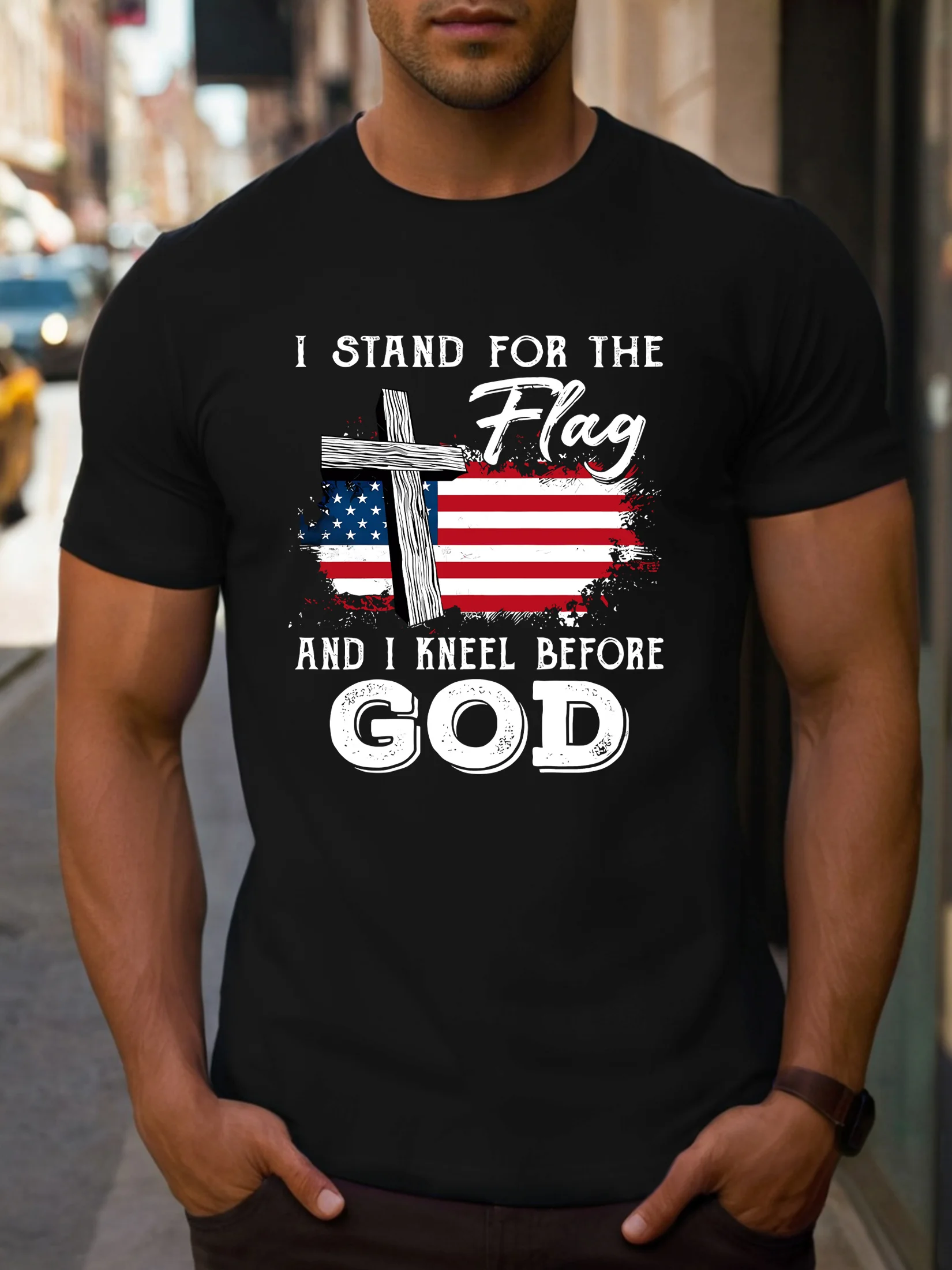 

Men's Patriotic Independence Day Cotton T-Shirt - "I Stand for the Flag" Graphic, Casual Round Neck