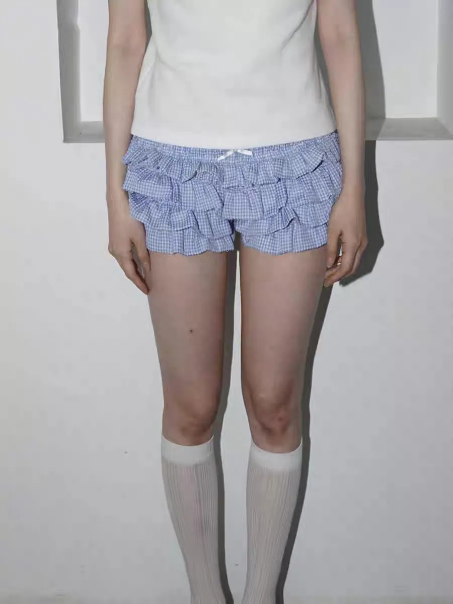 Pantalones cortos con volantes en capas para mujer, bombachos elásticos de cintura baja con estampado a cuadros, disfraz de Cosplay de Lolita para chicas adolescentes, pantalones de pijama para dormir